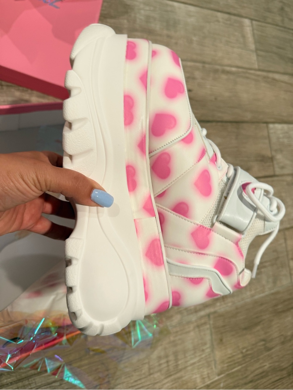 Sugar Thrillz White Sneakers with Pink Heart Print